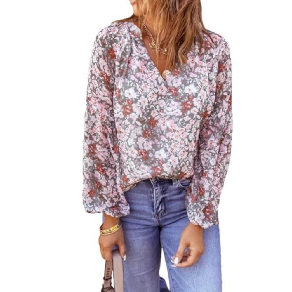 BTFBM - Pink and Gray Floral Blouse with Balloon Sleeves - Size Medium